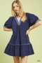 Umgee French Terry Mini Dress with Ruffled Striped Trim