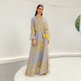 Women muslim moroccan dress dress mesh fringed print robe