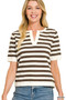 Zenana Split Neck Stripe Short Sleeve Sweater