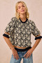 BiBi Textured Rose Knit Top Contrast Banded Puff Sleeve