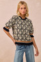 BiBi Textured Rose Knit Top Contrast Banded Puff Sleeve