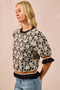BiBi Textured Rose Knit Top Contrast Banded Puff Sleeve