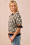 BiBi Textured Rose Knit Top Contrast Banded Puff Sleeve