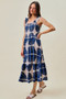 SO ME Abstract Print Smocked Bodice Tiered Lined Midi Dress