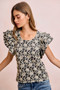 BiBi Floral Jacquard Ruffle Sleeves Knit Top