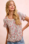 BiBi Rose Printed Slub Knit Ruffled Sleeves Top