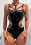 Sexy Pu Leather Patchwork Halter Neck Low Back Bodysuit Women Teddy Lingerie