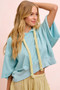 BiBi Washed Terry Short Sleeve Drawstring Hoodie Top