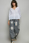 POL Eyelet Embroidery Peplum Button Front Cotton Shirt