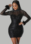 Trendy See-Through Beaded Sequined Long Sleeve Feather Nightclub Party Bodycon Dress