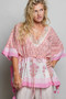 POL Block Print Floral Tie Front Boho Blouse