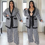 Plus Size Women'S Fall/Winter Loungewear Belt Set Pattern Print Two Piece Pants Set