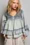 POL Washed Layered Lace Pintuck Flared Woven Blouse