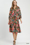 Umgee Abstract Print Embroidered Belted Midi Dress