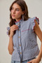 SO ME Stripe Twill Stitch Ruffled Hidden Button Vest Top