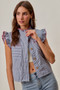 SO ME Stripe Twill Stitch Ruffled Hidden Button Vest Top