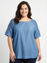Lace Sleeve Chambray-Inspired Knit Top