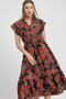 Umgee Mix Ruffle Sleeve Tropical Midi Dress