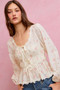 SO ME Floral Clip Dot Lace Trim Ruched Bodice Blouse