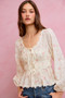 SO ME Floral Clip Dot Lace Trim Ruched Bodice Blouse