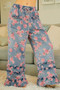 BiBi Washed Floral Denim With Ruffle Elastic Wide Pants