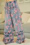 BiBi Washed Floral Denim With Ruffle Elastic Wide Pants