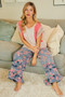 BiBi Washed Floral Denim With Ruffle Elastic Wide Pants