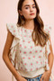 BiBi Flower Printed Ruffle Sleeve Trim Detail Top