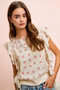 BiBi Flower Printed Ruffle Sleeve Trim Detail Top