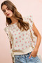 BiBi Flower Printed Ruffle Sleeve Trim Detail Top