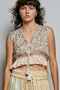 POL Shimmer Pattern Deep V Tie Front Tassel Ruffle Hem Sleeveless Crop Top