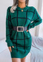 Fall/Winter Casual Contrast Plaid Long Sleeve Basic Sweater Dress