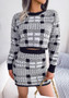 Fall/Winter Contrast Plaid Crop Sweater Bodycon Knitting Suit