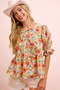 BiBi Flower Printed Shirring Detail Blouse Top