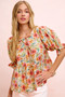 BiBi Flower Printed Shirring Detail Blouse Top