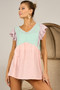 BiBi Triblend Color Block Ruffled Sleeve Babydoll Top