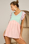 BiBi Triblend Color Block Ruffled Sleeve Babydoll Top