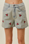 SO ME Rose Embroidery High Rise Scallop Hem Denim Shorts