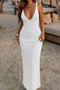 Solid V Neck Halter Cross Back Maxi Dress 
