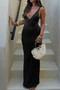 Solid V Neck Halter Cross Back Maxi Dress 
