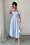 Square Neck Puff Sleeve Backless Bow Tied Striped Flowy Dress 