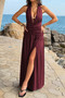 Halter Deep V Neck High Slit Ruched Maxi Dress