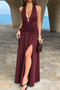 Halter Deep V Neck High Slit Ruched Maxi Dress
