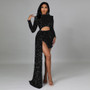 Women Sexy Shoulder Pad Sequin Long Sleeve Slit Dress