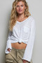 POL Contrast Hand-Stitch V-Neck Lightweight Knit Long Sleeve Top