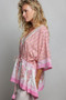 POL Block Print Floral Tie Front Boho Blouse