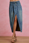 SO ME Pleated Washed Denim Skirt With Front Slit