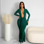 Women Sexy Deep V-Neck Stretch Long Sleeve Dress