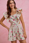 SO ME Floral Print Denim Cut Out Waist Ruffled Romper