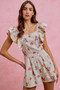 SO ME Floral Print Denim Cut Out Waist Ruffled Romper